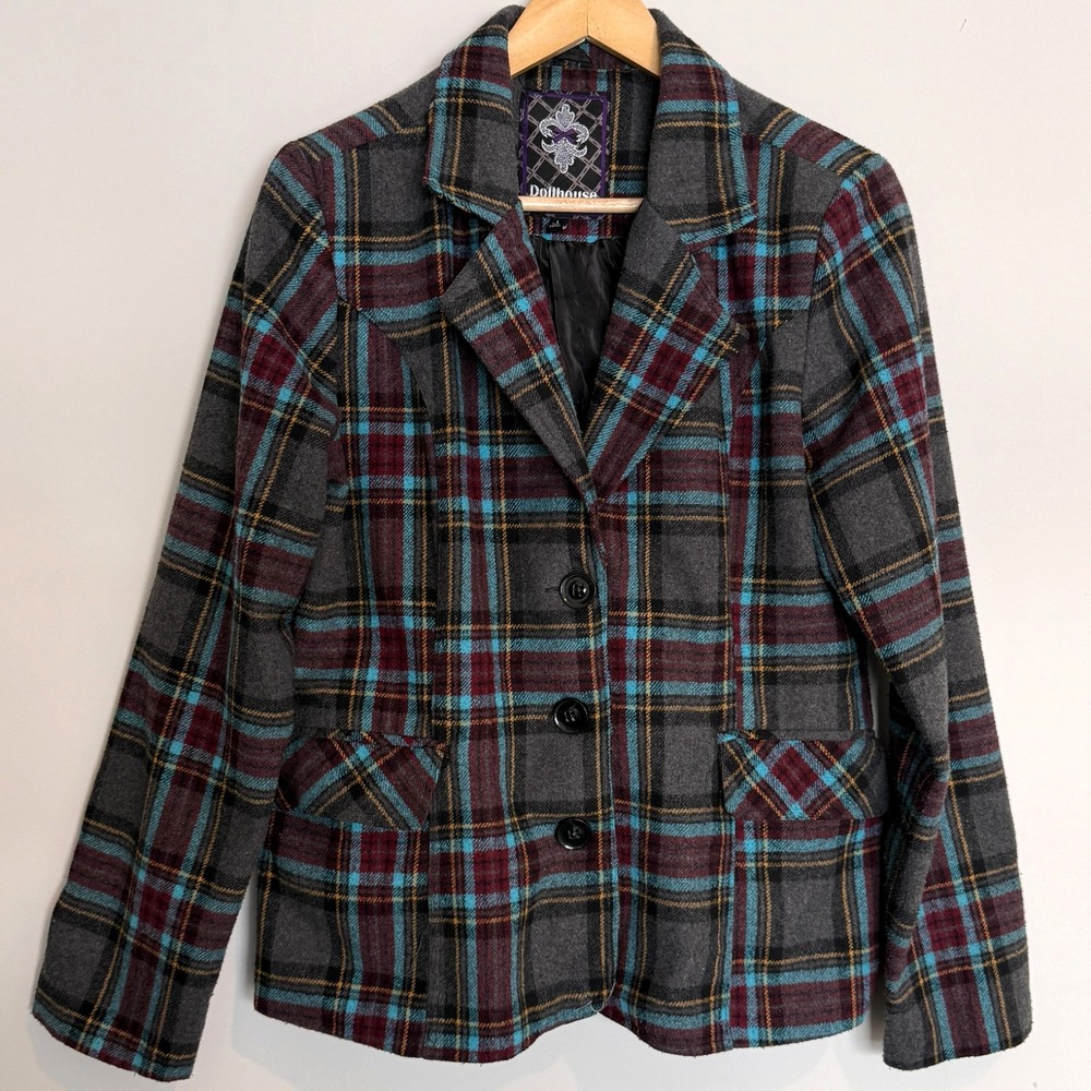 Dollhouse Plaid Blazer Jacket Women Large Gray Burgundy Turquoise Grunge Punk